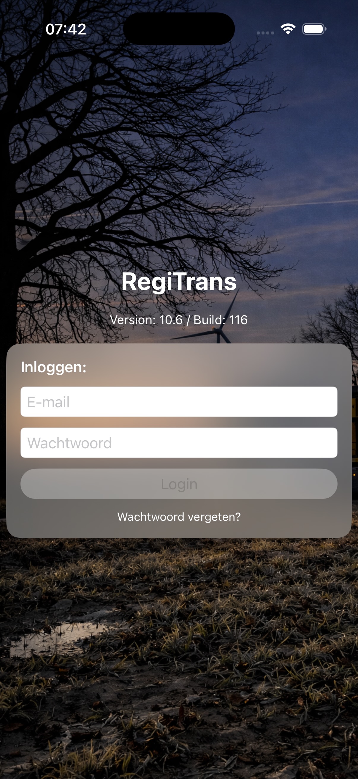 Inlogscherm van RegiTrans