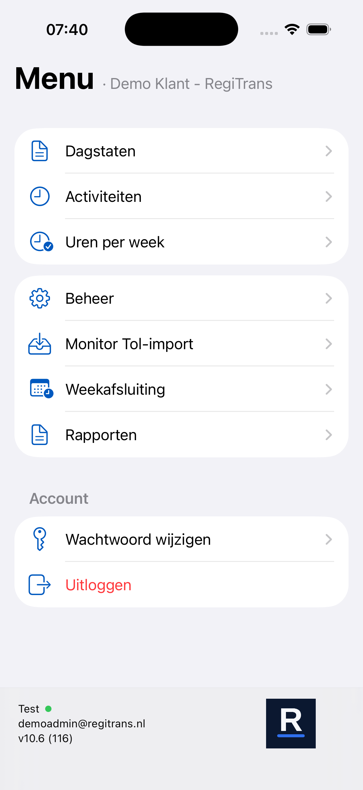 Hoofdmenu van RegiTrans