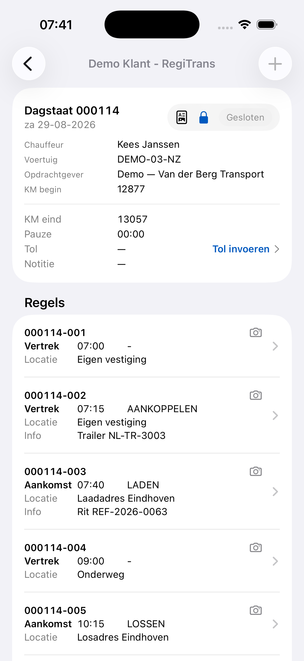 Detailweergave van een dagstaat met ritregels